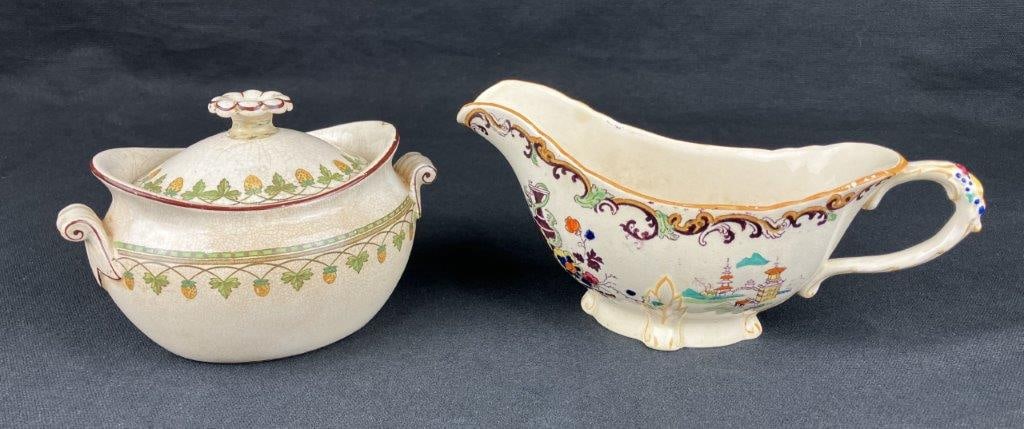 Wedgwood Covered Vegetable and Ironstone Sauceboat: A grouping of two English ceramic serving pieces, including a small covered vegetable dish by Wedgwood decorated with a strawberry and fruit pattern, and a sauceboat by Masonâ€™s