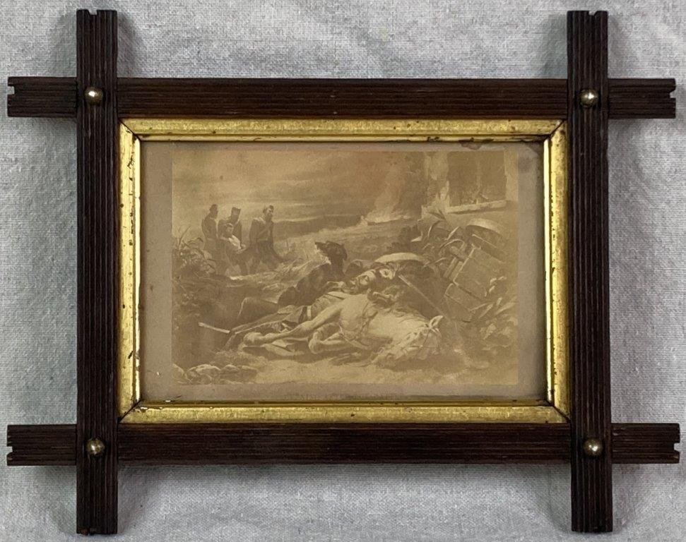 Evening After The Battle Lithograph: An antique tonal lithograph depicting a poignant wartime scene of a fallen soldier resting against a horse, with a loyal dog guarding his body, while three soldiers in the background carry another