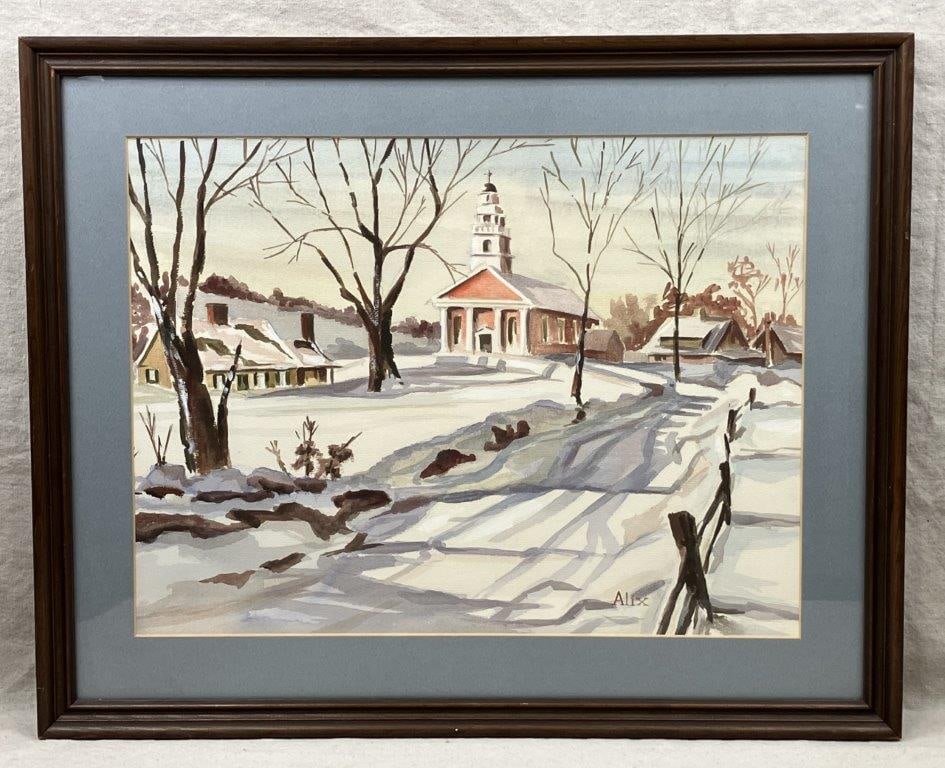 Signed Winter Landscape Painting: A wonderful watercolor painting depicting a small town blanketed in snow, featuring a red church perched on a hill and a winding path in the foreground framed by bare trees. Signed “Alix”