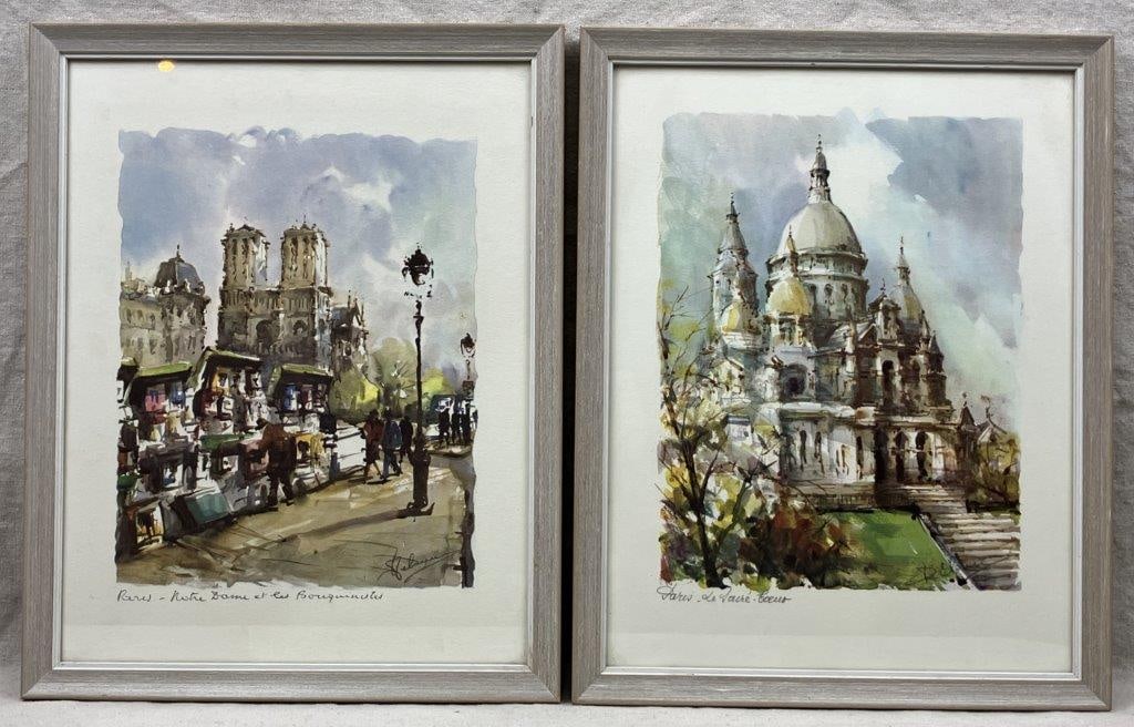 Lucien Delarue Prints, French Landmarks: A pair of prints after watercolor paintings by French artist Lucien Delarue. One depicts the Sacré-Cœur Basilica in Paris; the other shows a street scene before Notre-Dame Cathedral, titled