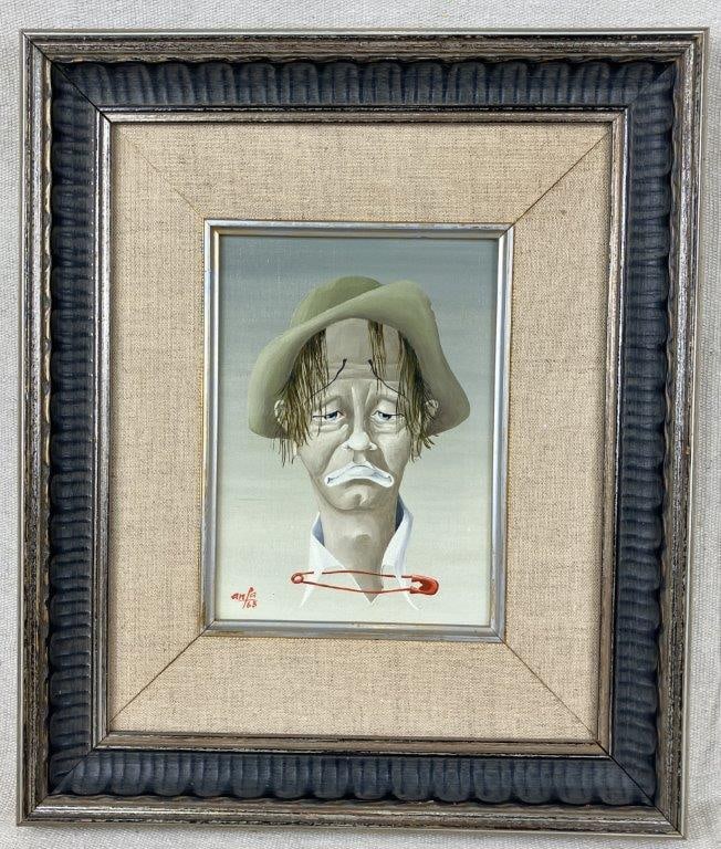 Anfa Clown Portrait Oil Painting: An oil painting depicting a clown portrait by Anfa, an Italian 20th century surrealist artist. Executed on board and signed by the artist on both the front and reverse. Distinguished by smooth paint