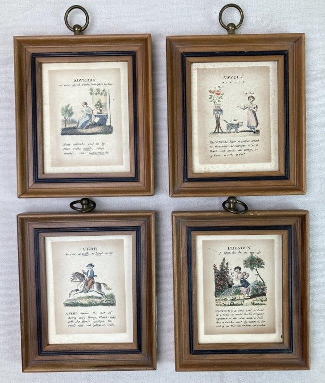 Four Framed Grammer Lithographs: A set of four antique lithographs from The Paths of Learning Strewed with Flowers, each illustrating a grammatical concept. Subjects include Adverbs (depicting a seated woman in a blue dress), Vowels