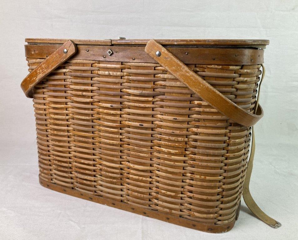 Vintage Hawkeye Refrigerator Basket: A vintage refrigerator basket with a wicker and wood exterior fitted with a tin-lined interior. The hinged wooden lid is marked “Hawkeye Basket Refrigerator — G. D. Cremean, Lima, Ohio,