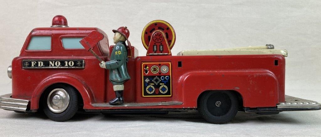 Vintage Linemar Tin Fire Truck Toy - 8