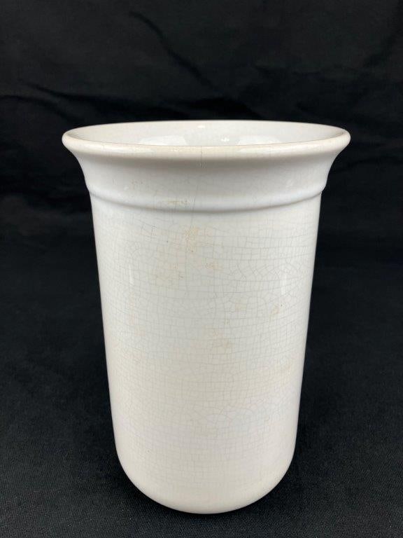 T. G. Green Ltd. Church Gresley Pottery Vessel: A pottery vessel by T. G. Green Ltd. of Church Gresley, suitable for use as a vase or holder. Finished in a soft, creamy white glaze with a robust, utilitarian form. Measures approximately 8″ H