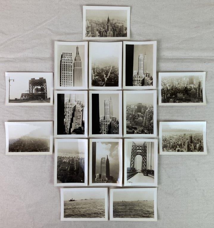 Sixteen Mid-20th Century NYC Cityscape Photographs: A group of sixteen mid-20th century cityscape photographs depicting views of New York City, including scenes of the Chrysler Building, the George Washington Bridge, and the Statue of Liberty as seen