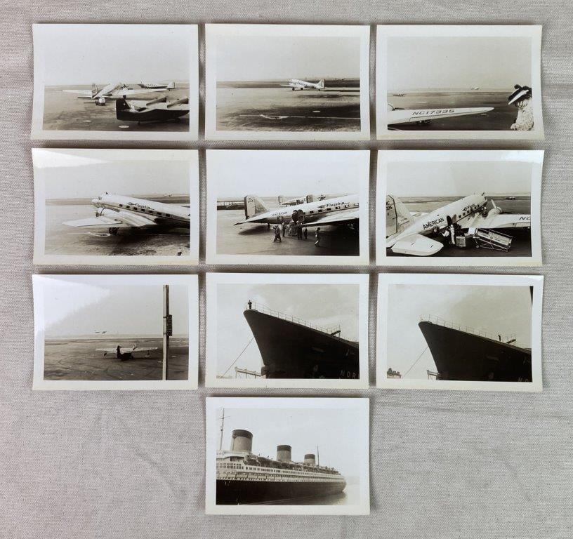 Ten Mid-20th Century Photographs of Airplanes and Boat: A group of ten mid-20th century photographs, including seven images depicting airplanes on a tarmac, one bearing the marking “NC 21746 American Flagship.” The remaining three photographs