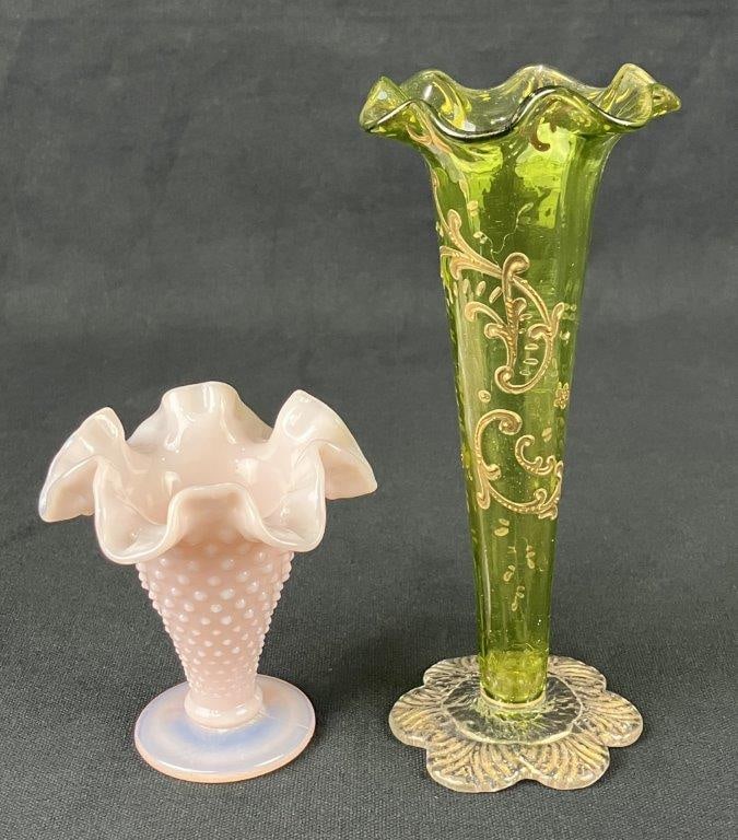 Two Glass Fluted Vases: A pair of fluted glass vases, including a pastel pink milk glass example with hobnail decoration reminiscent of Victorian-inspired designs, and a larger Bohemian green glass vase in the Moser style
