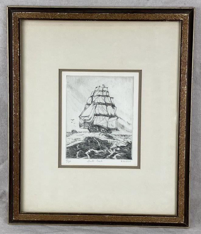 â€œFull Sailâ€ Nautical Ship at Sea Etching by Barbara Getter Woodl: A finely executed etching depicting a ship under full sail at sea, rendered with excellent detail. Signed by the artist and issued in a limited edition, numbered 98/300. Barbara Getter Woodland was a