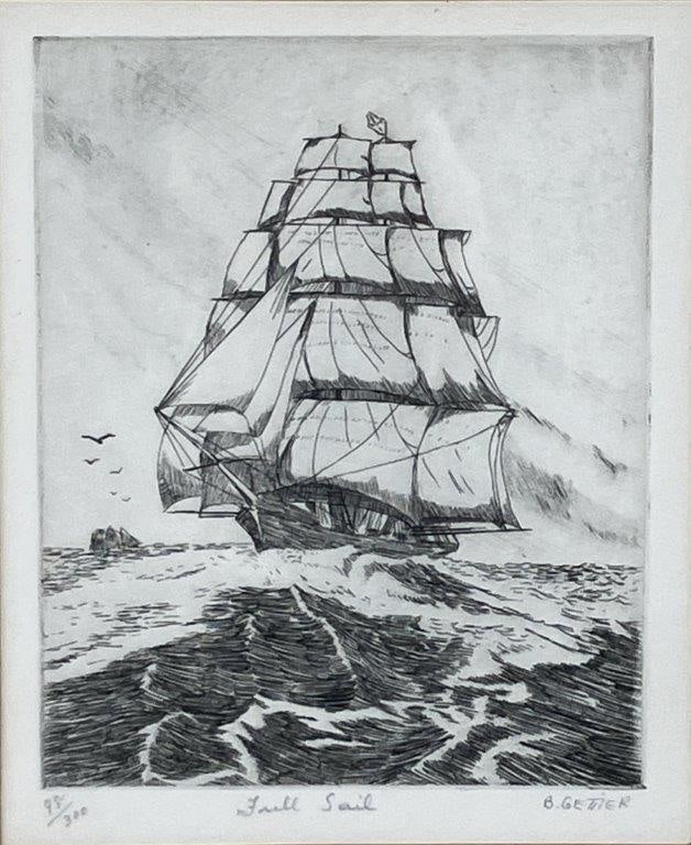 Nautical Ship at Sea Etching by Barbara Getter Woodland - 2