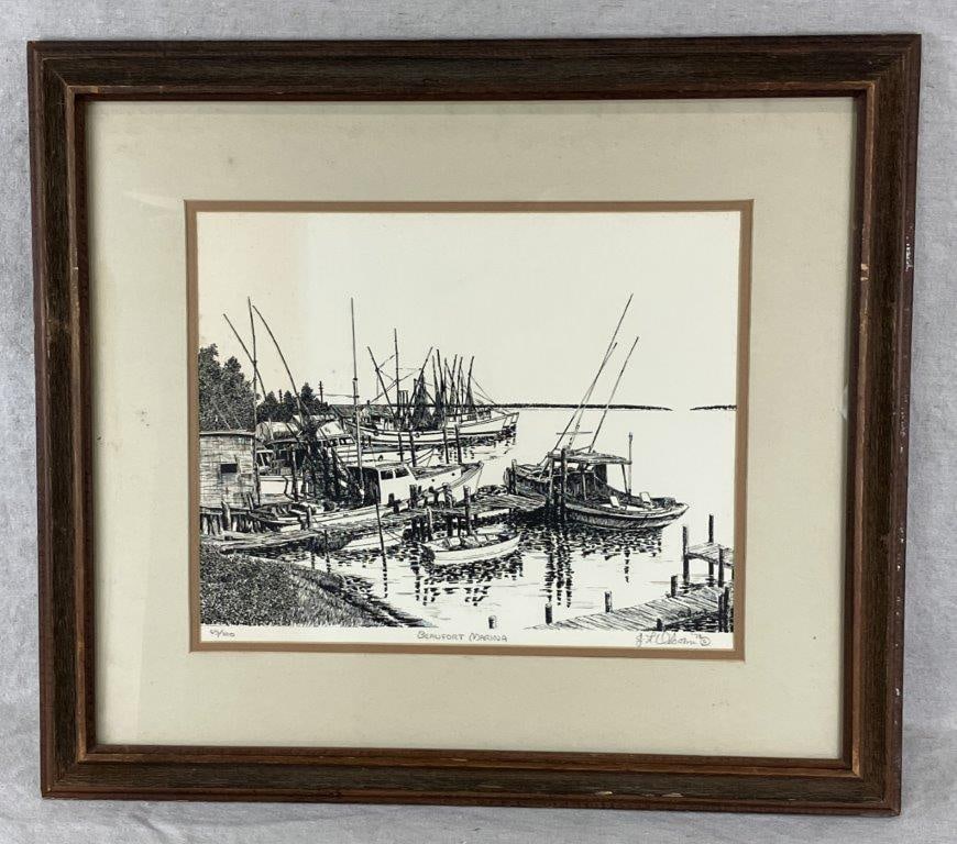Signed Beaufort Marina Lithograph by J. L. Osborne: A mid-century lithograph exemplifying Lowcountry artistry, titled Beaufort Marina, depicting a coastal scene with water vessels. Signed by the artist and issued in a limited edition, numbered 49/100.