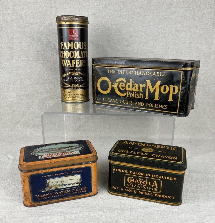 Four Advertising Tins: A group of four vintage advertising tins, including examples for Prang artist’s watercolors, Crayola crayons, National Biscuit Company chocolate wafers, and Dust Polish. Displays a well-worn,
