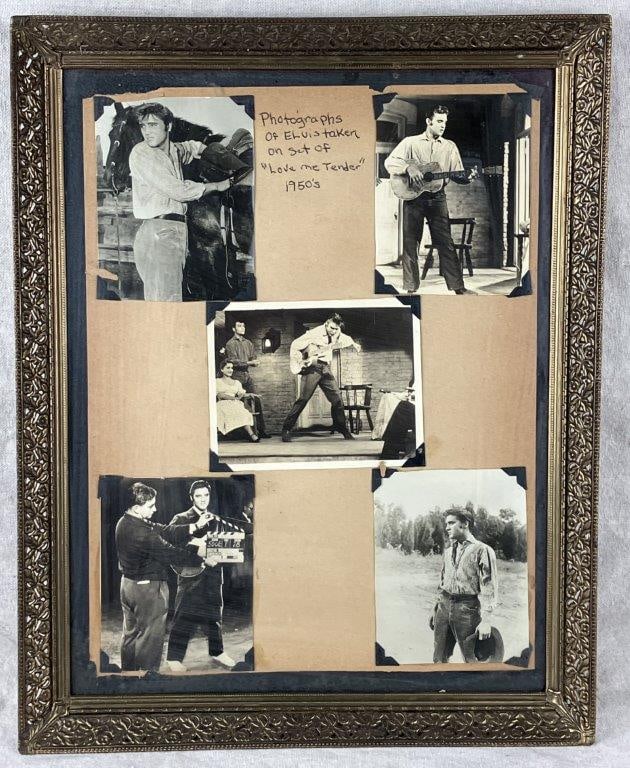 Original 1950s Photographs of Elvis Presley on the Set of Love Me Tender: A group of original 1950s photographs depicting Elvis Presley in candid moments, including images of him mid-performance and informal scenes in the countryside with a horse and cowboy hat. Housed in
