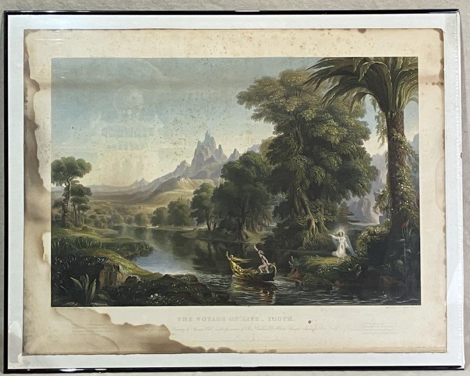 19th Century Color Engraving after Thomas Cole, The Voyage of Life: Youth: A hand-colored engraving executed by James Smillie (1807–1885) after Thomas Cole’s celebrated 19th Century painting The Voyage of Life. Part of the four-work allegorical series tracing