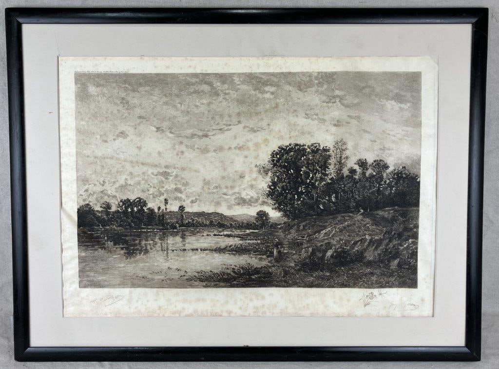 Riverside Landscape Etching by Georges Garen, 19th Century: A 19th century etching by Georges Garen (1854–1912), likely inspired by contemporary painted works of the period. The scene depicts a woman beside a river in the French countryside, rendered