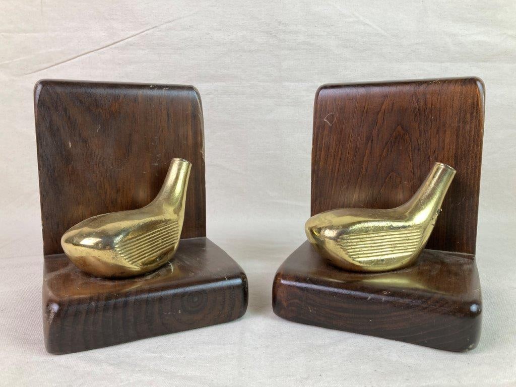 Mid-Century Modern Wood and Brass Golf Club Bookends (1 of 6)
