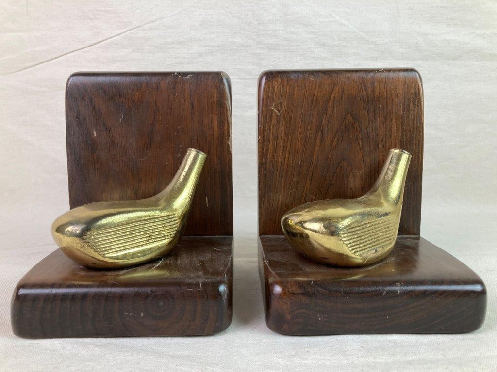 Mid-Century Modern Wood and Brass Golf Club Bookends - 2