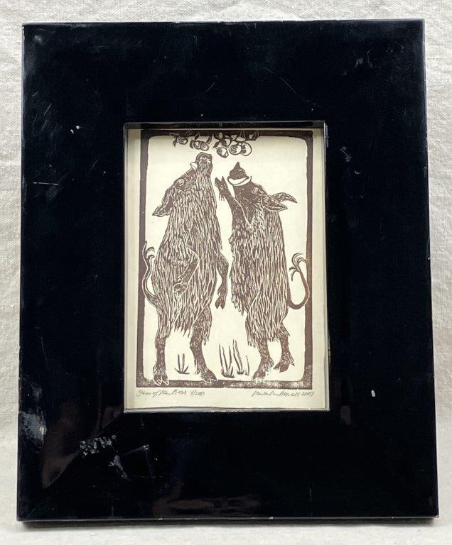 Signed Linocut Print, Year of the Boar: A linocut print depicting two boars standing on their hind legs as they reach for fruit. Titled Year of the Boar, numbered 4/200, and signed by the artist with the surname Morell, dated 2007. Housed