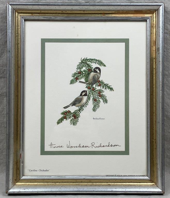 Anne Worsham Richardson Print, Carolina Chickadee: A print after an original work by nature artist Anne Worsham Richardson, depicting two chickadees perched on branches accented with red berries. Titled Carolina Chickadees and signed by the artist,