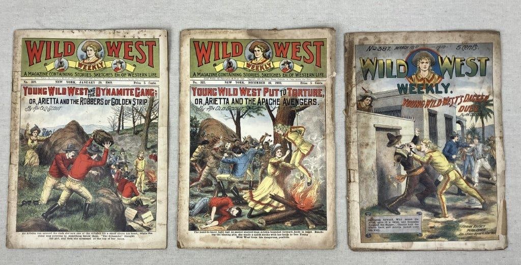 Three Antique Issues of Wild West Weekly: A group of three antique issues of Wild West Weekly, including No. 587 Young Wild West’s Dagger Duel (released March 18, 1910); No. 322 Young Wild West Put to Torture; or, Arietta and the