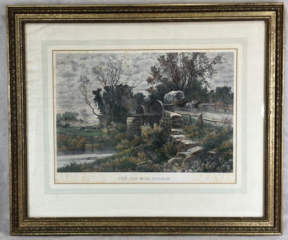 The Old Mill Stream Hand-Colored Lithograph after Albert Fitch Bellows: An antique hand-colored lithograph after the work of Albert Fitch Bellows, depicting a pastoral country scene with covered wagons in an autumn setting. Delicately rendered and likely dating to the