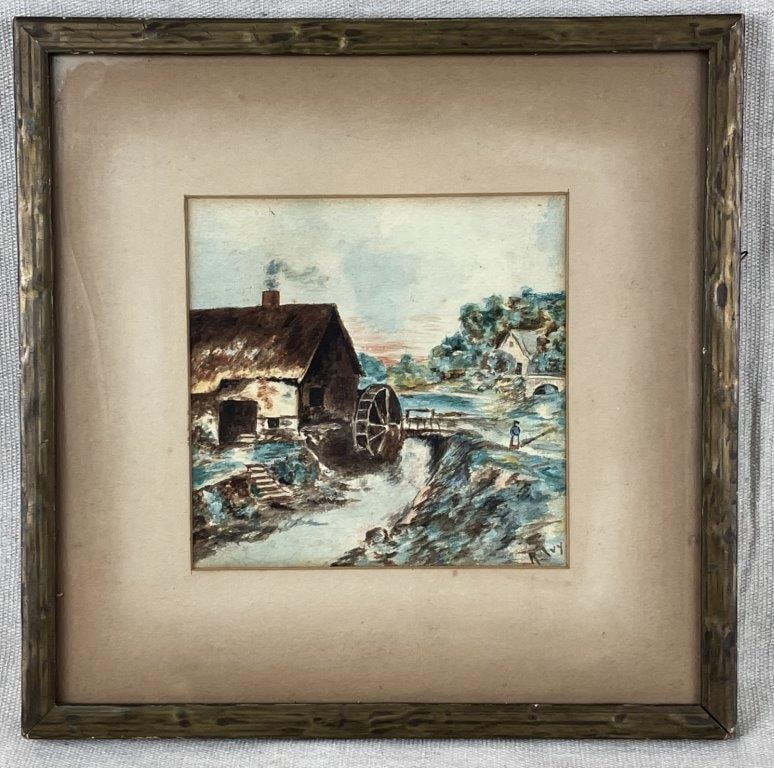 Country Cottage Mill Watercolor Painting: A watercolor painting depicting a standing figure within a pastoral country landscape, featuring a mill and cottage in the foreground beneath a softly colored sunset sky. Executed with careful,