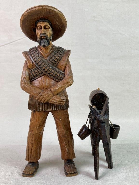 Vintage Folk Art Carved Mexican Man and Donkey Figures - 2