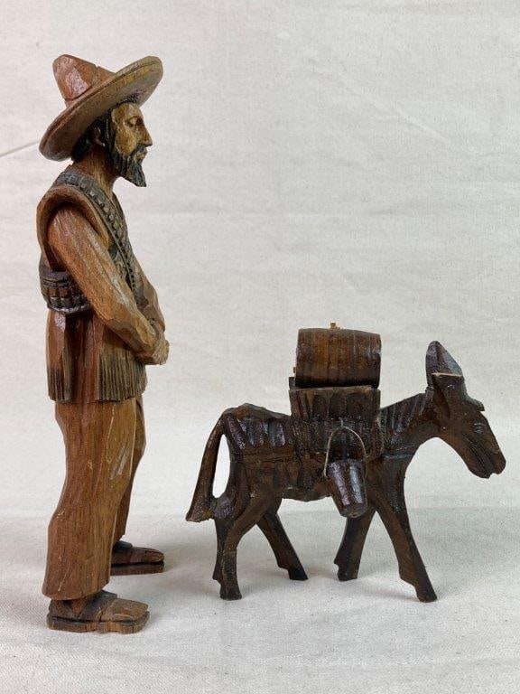 Vintage Folk Art Carved Mexican Man and Donkey Figures - 6