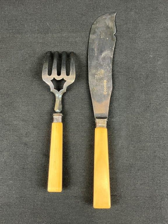 Commemorative Silverplate Serving Fork and Knife with Bone Handles - 6