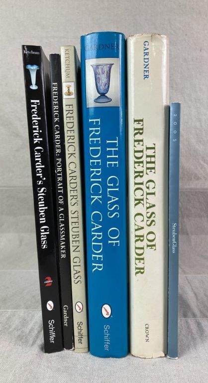 Assortment of Glass Themed Books: A collection of six books focused on American art glass and the work of Frederick Carder, including a Steuben Glass Works catalog from 2005 highlighting company artists; The Glass of Frederick Carder