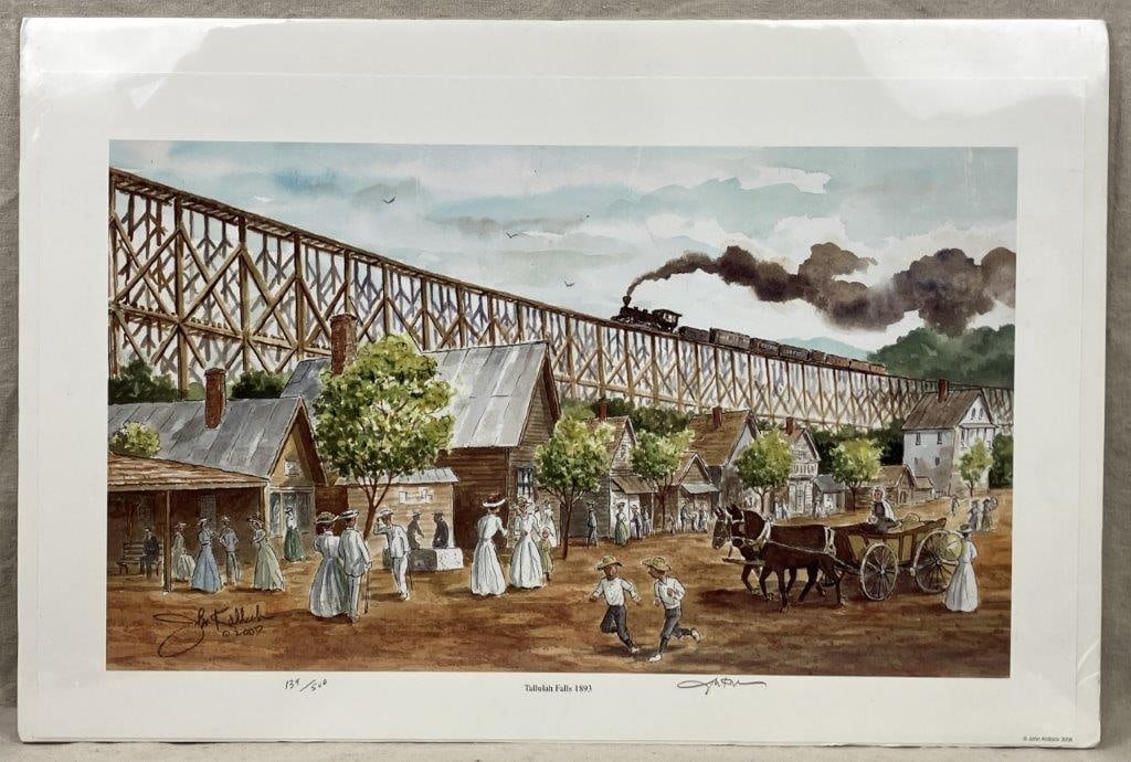 John Kollock Print, Tallulah Falls 1893: A print after a watercolor painting depicting a bustling street scene alongside the Tallulah Falls railroad. Signed by John Kollock, dated 2008, and issued in an edition of 500, numbered 139/500.