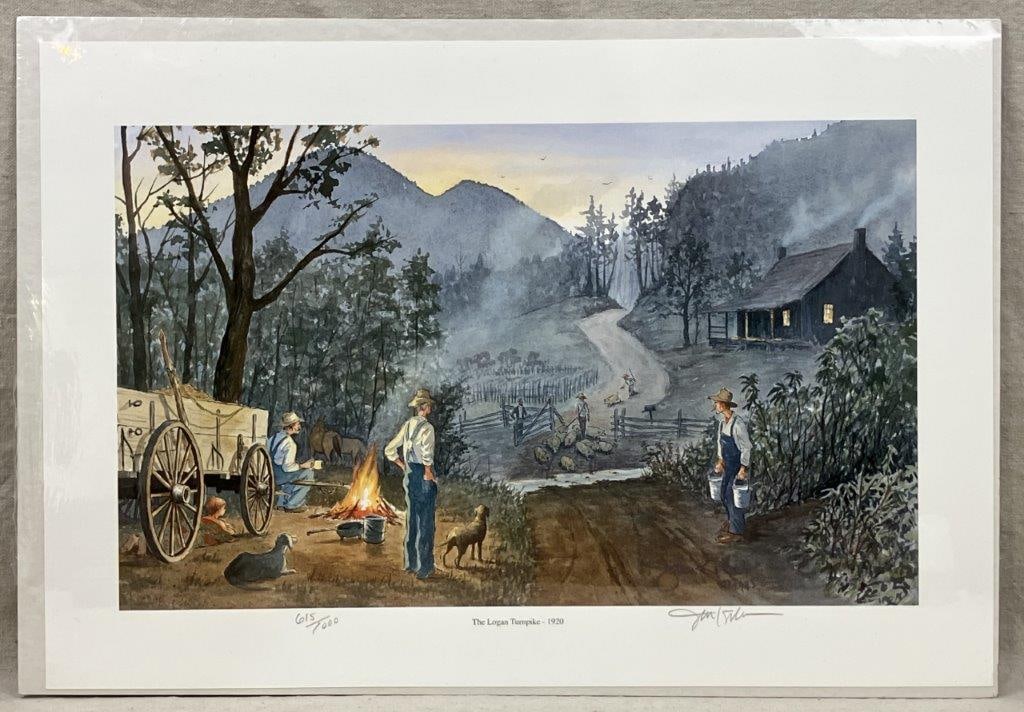 John Kollock Print, The Logan Turnpike-1920: A print after a watercolor painting from 1995, depicting a rustic mountain landscape with a dirt road populated by working men and pigs. Signed by John Kollock and titled The Logan