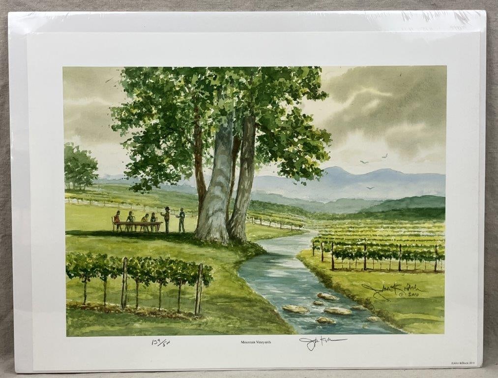 John Kollock Print, Mountain Vineyards: A print after a watercolor painting depicting a mountain vineyard scene with a creek running through the landscape, figures gathered at a picnic table beneath a tree, and orderly rows of plantings