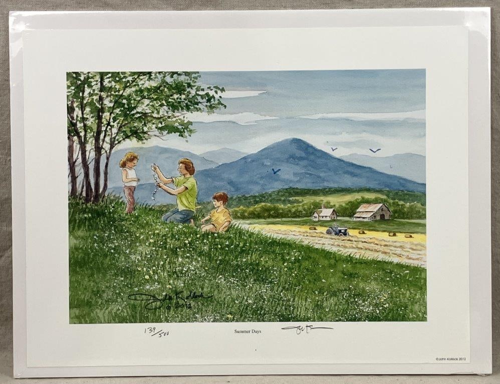 John Kollock Print, Summer Days: A print after a watercolor painting depicting a mother with her children in a field, with a rustic farm and tractor in the background. Signed by John Kollock, dated 2012, and issued in an edition of
