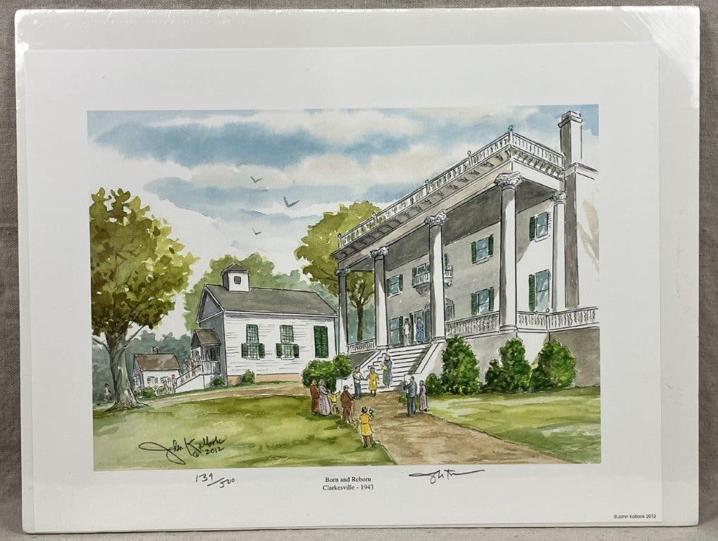 John Kollock Print, Born and Reborn Clarkesville-1943: A print after a watercolor painting depicting a historic building in Clarkesville, Georgia. Signed by John Kollock, dated 2012, and issued in an edition of 500, numbered 139/500. Titled Born and