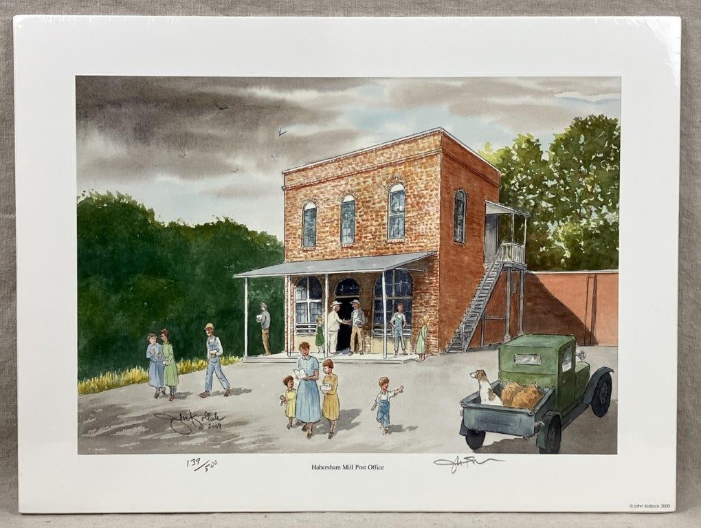 John Kollock Print, Habersham Mill Post Office: A print after a watercolor painting depicting the historic post office building at Habersham Mills in Cornelia, Georgia. Signed by John Kollock, dated 2009, and issued in an edition of 500, numbered