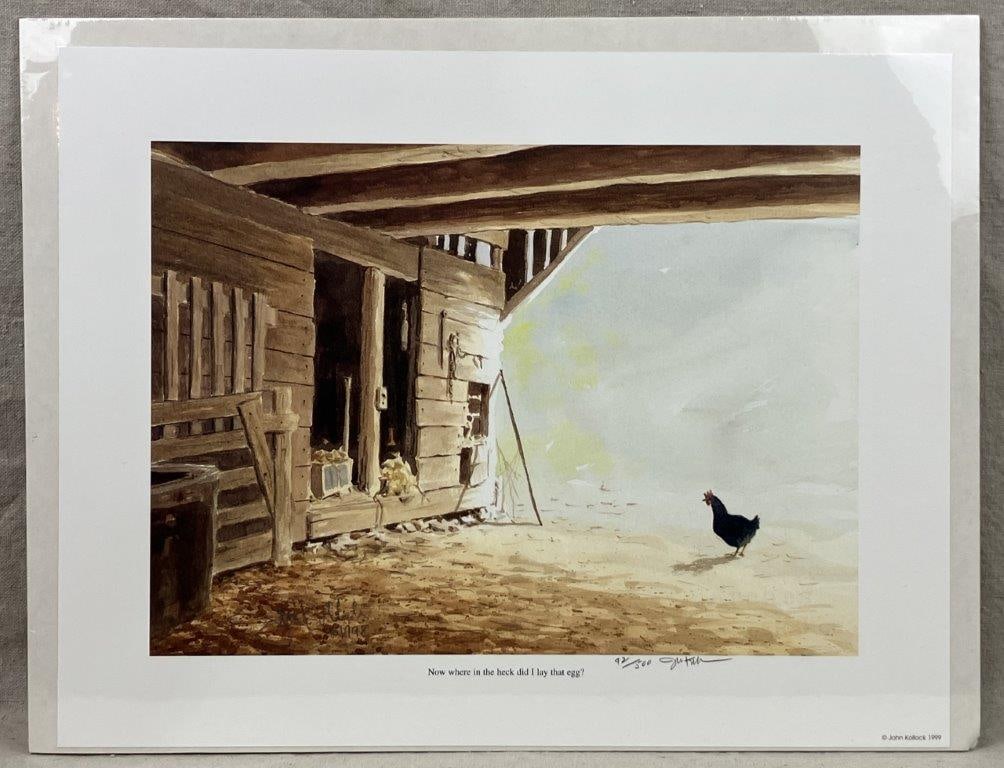 John Kollock Print, Now where in the heck did I lay that egg?: A print after a watercolor painting depicting a single chicken standing inside a barn. Signed by John Kollock, dated 1999, and issued in an edition of 500, numbered 92/500. Titled Now Where in the