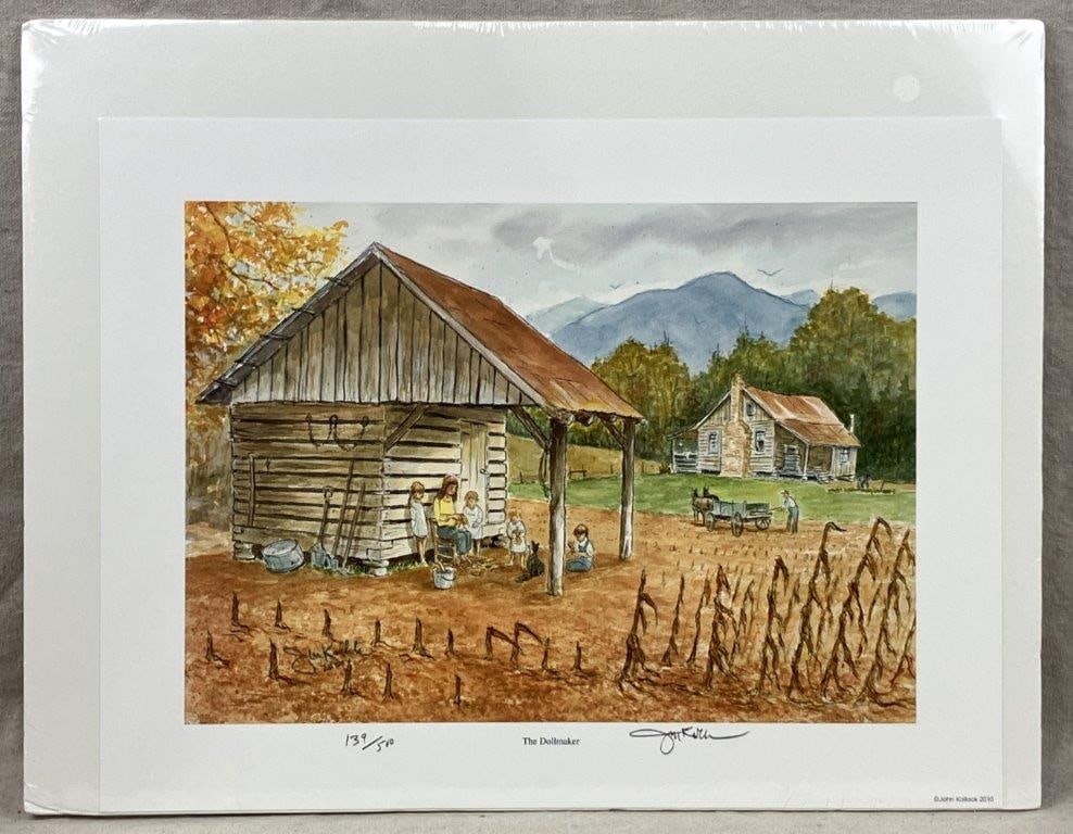 John Kollock Print, The Dollmaker: A print after a watercolor painting depicting a farm scene with a woman making dolls alongside children. Signed by John Kollock, dated 2010, and issued in an edition of 500, numbered 139/500. Titled