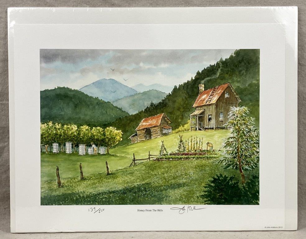 John Kollock Print, Honey From The Hills: A print after a watercolor painting depicting a hilly landscape with a cabin and beehives. Signed by John Kollock, dated 2010, and issued in an edition of 500, numbered 139/500, titled Honey From the