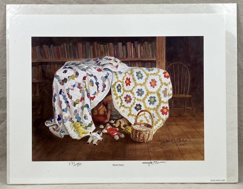 John Kollock Print, House Party: A print after a watercolor painting titled House Party, depicting children at play beneath a quilt fort with dolls and a bookshelf in the background. Signed by John Kollock and dated 2003, from the