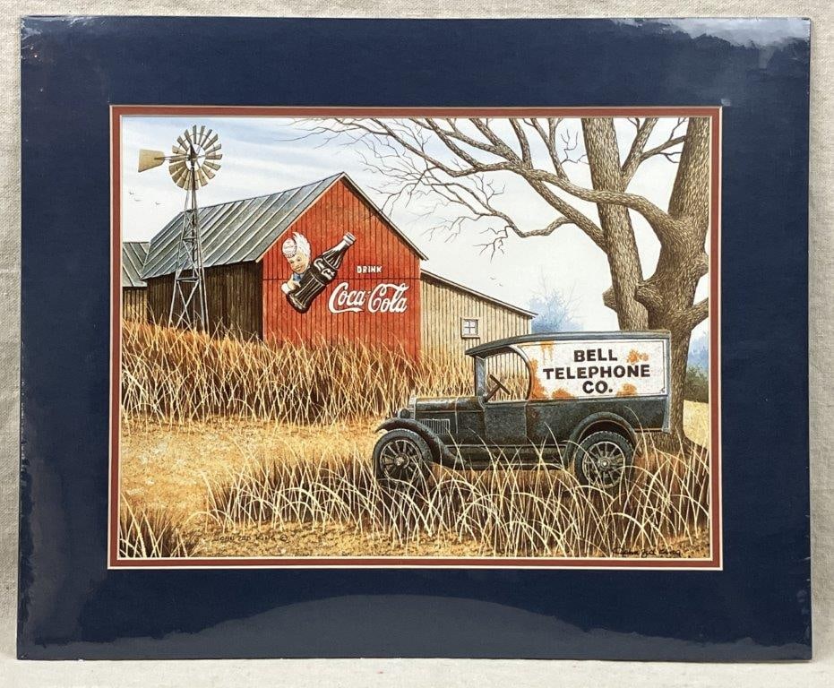 John Zed King Signed Print: A print after a watercolor painting depicting a rustic country scene with a barn bearing a Coca-Cola advertisement and an old car marked “Bell Telephone Co.” Signed by the artist and
