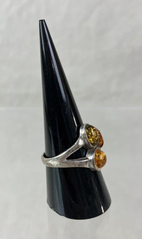 Artisan Sterling Silver and Amber Three-Stone Ring - 3
