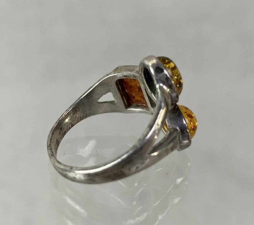 Artisan Sterling Silver and Amber Three-Stone Ring - 4