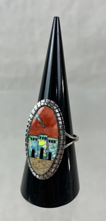 Sterling Silver Southwestern Inlay Ring: Statement sterling silver ring crafted in the Philippines and marked 925 to reverse, featuring a colorful inlay of lab-created opal, coral, and neutral stone depicting pueblo homes beneath a vivid sun