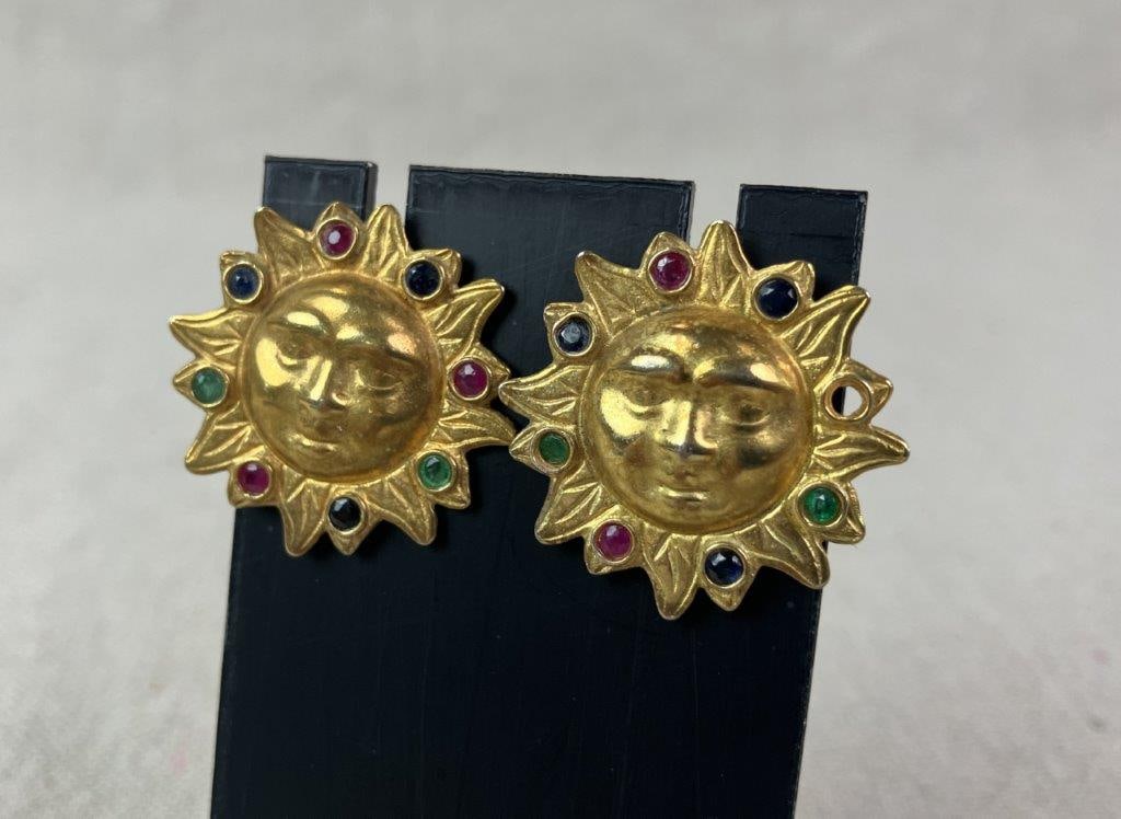 Vintage Jaded Sun Face Earrings - 2