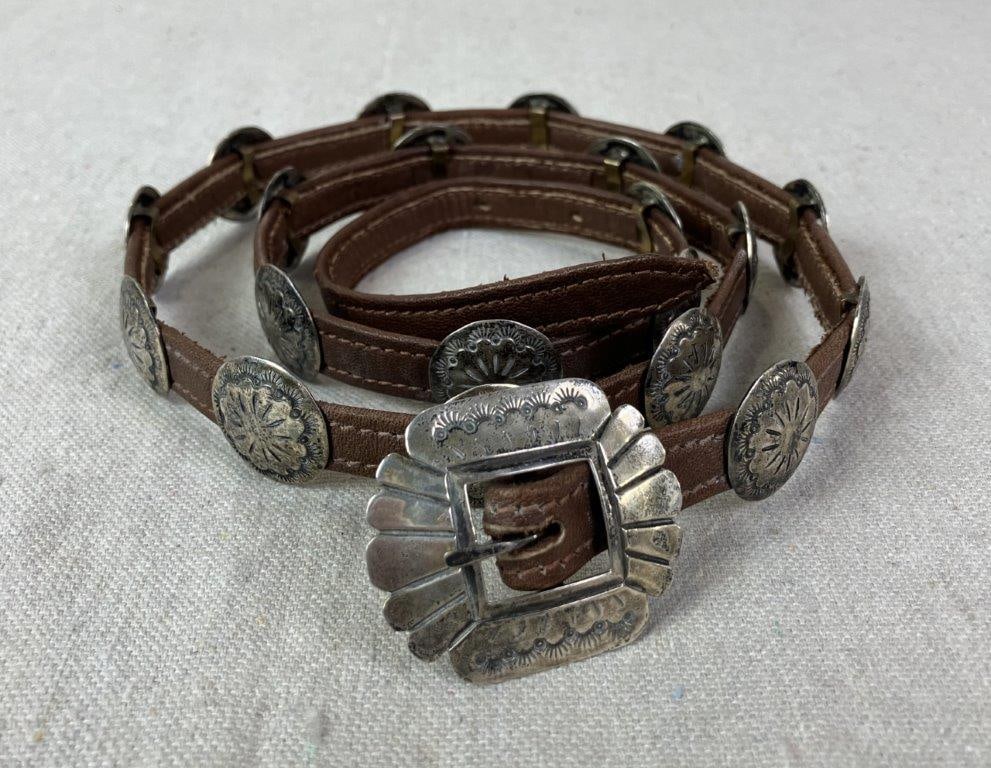 Native American Sterling Silver and Leather Concho Belt (1 of 7)