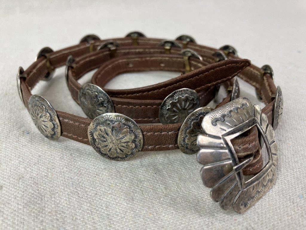 Native American Sterling Silver and Leather Concho Belt - 2