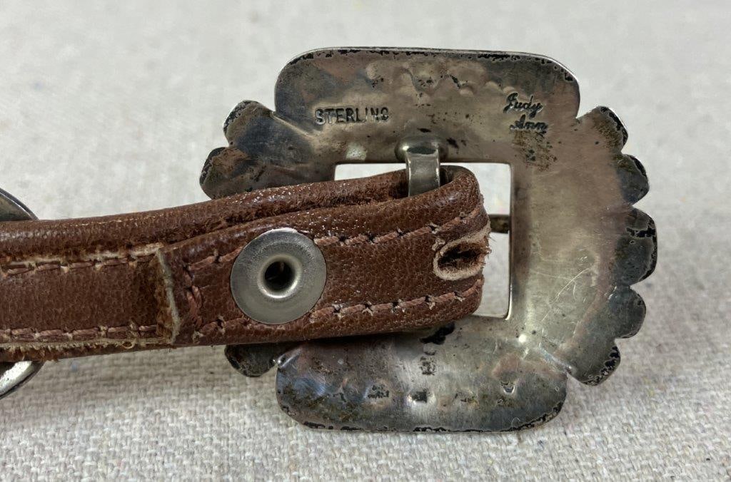 Native American Sterling Silver and Leather Concho Belt - 3
