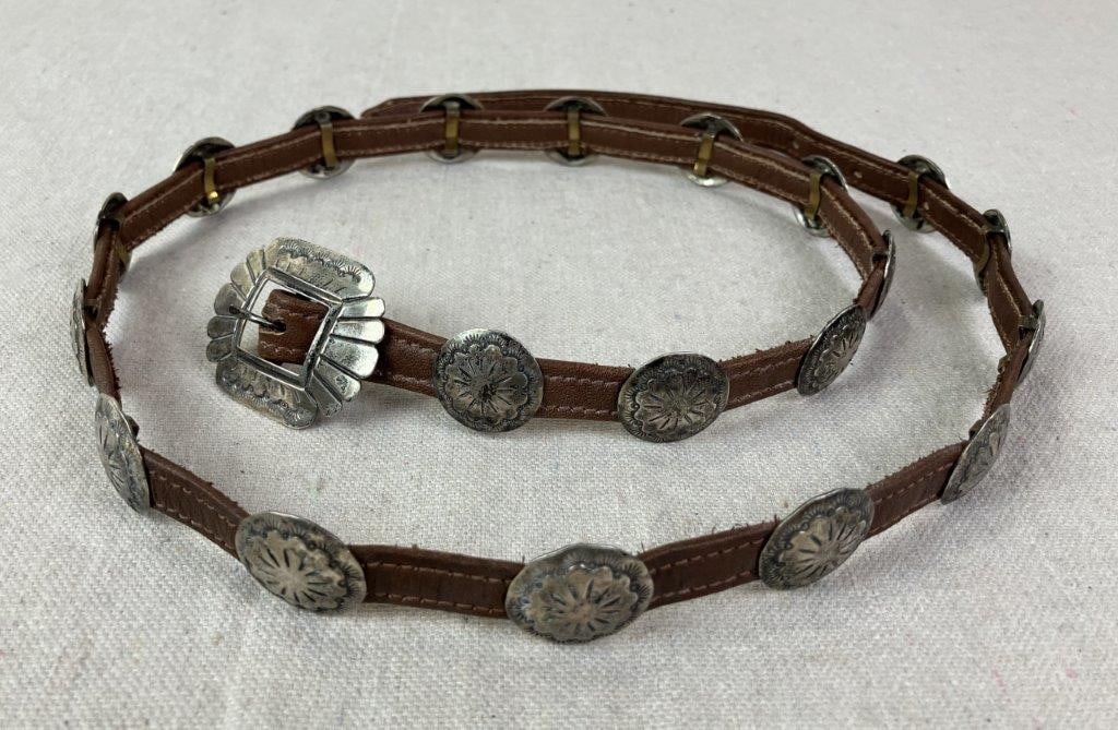 Native American Sterling Silver and Leather Concho Belt - 7