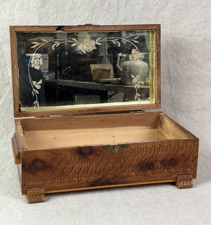 Vintage Cedar Jewelry Box with Brooches - 11